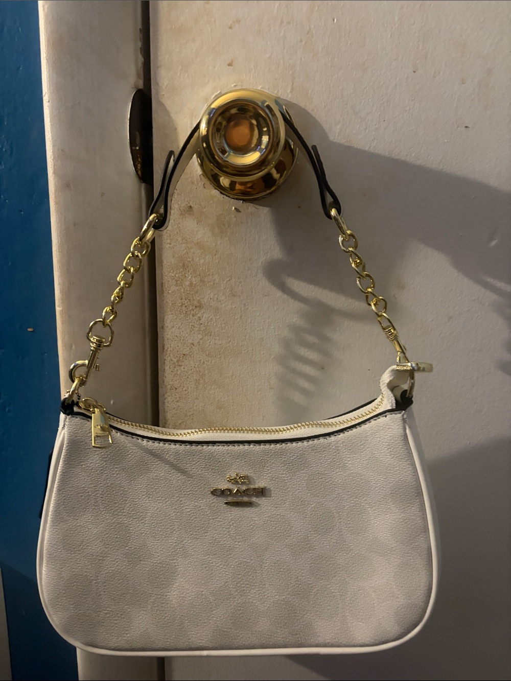 Coach White Signature Crescent Shoulder Bag with Gold Hardware